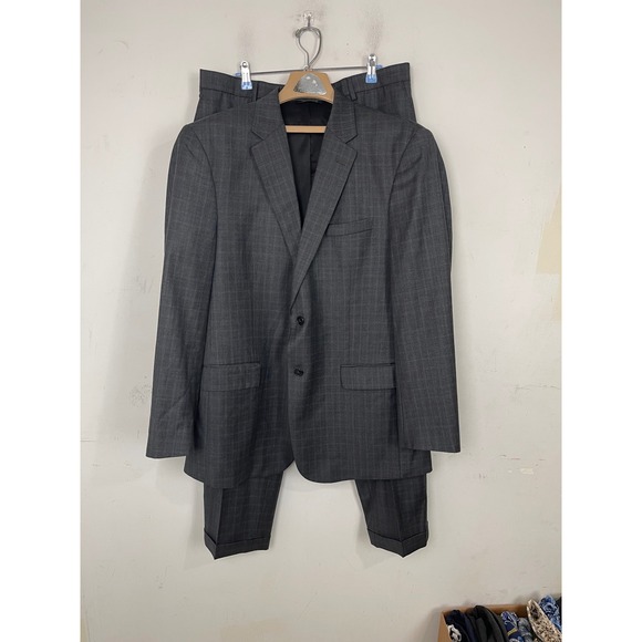 Jos. A. Bank Travelers Collection Mens Windowpane Plaid 100% Wool Suit 44L 37x31